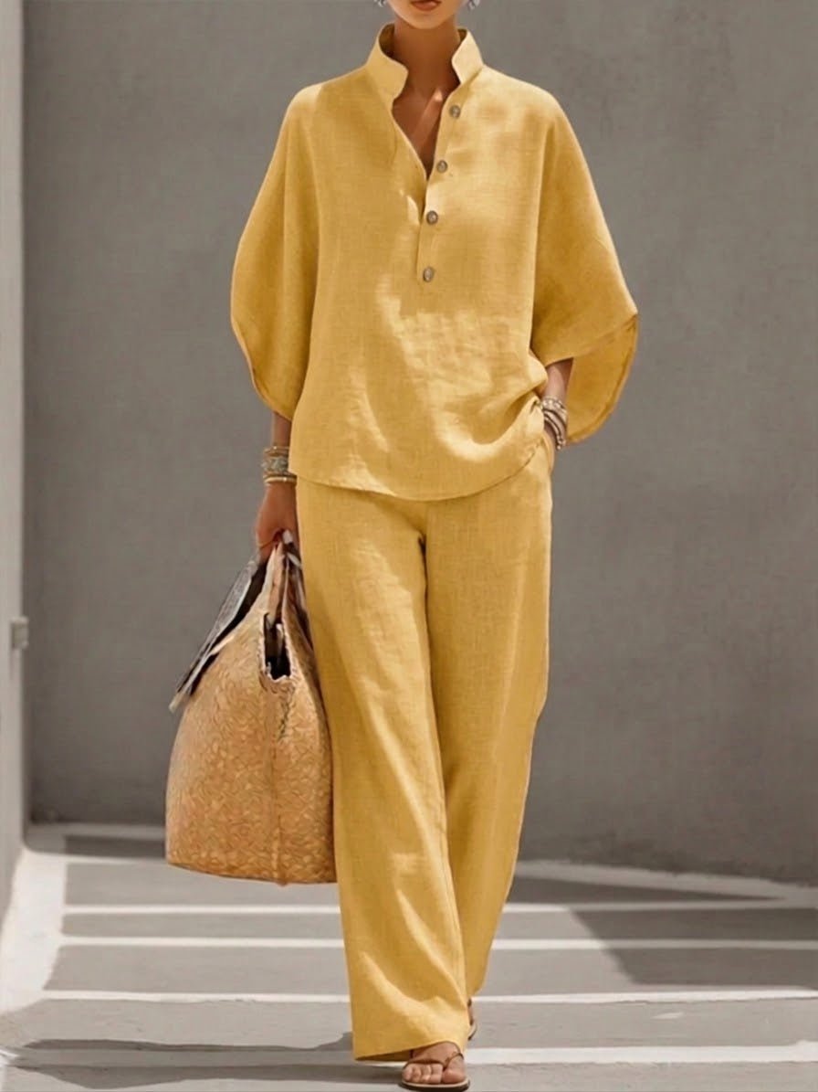 Women's Batwing Sleeve Wide-Leg Two-Piece Set - Yellow