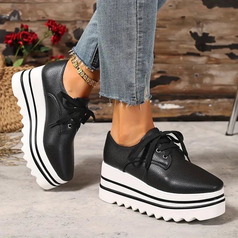 Women's Beige Platform Oxford Lace-Up Wedge Sneakers - Black