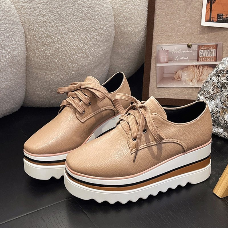 Women's Beige Platform Oxford Lace-Up Wedge Sneakers