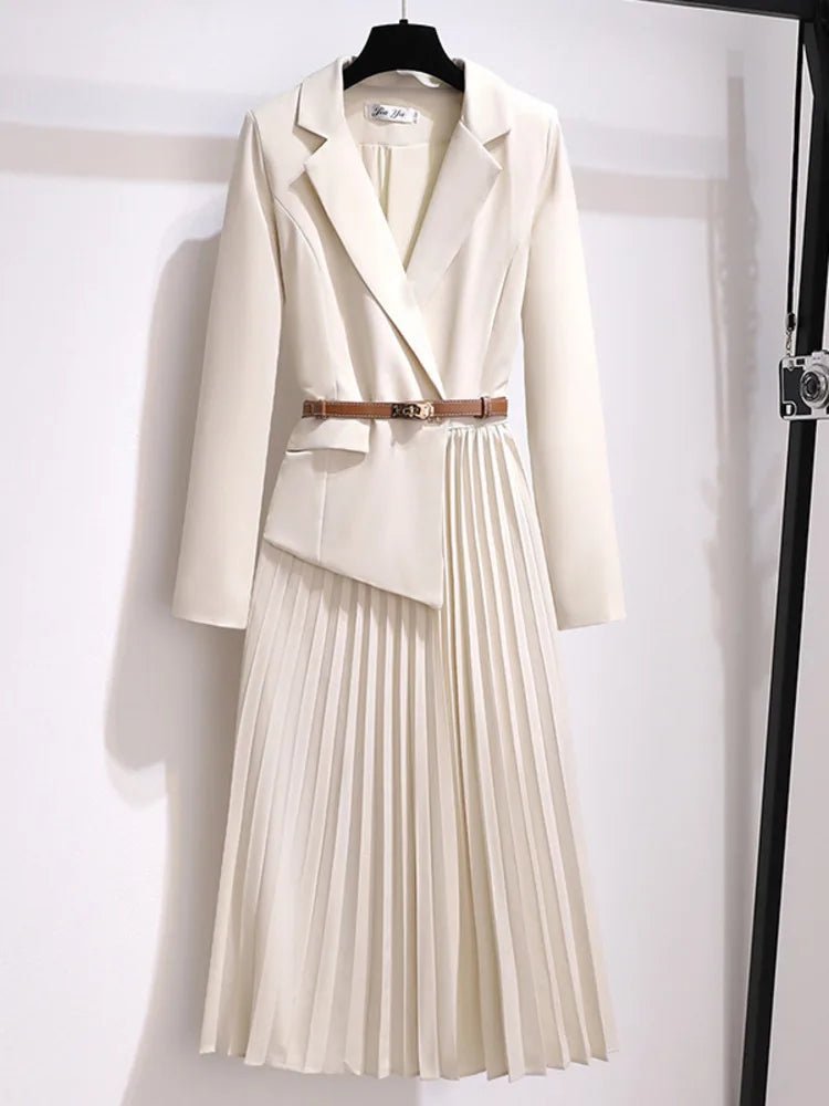 Women's Belted Blazer-Style Pleated Midi Dress - Beige