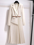 Women's Belted Blazer-Style Pleated Midi Dress - Beige