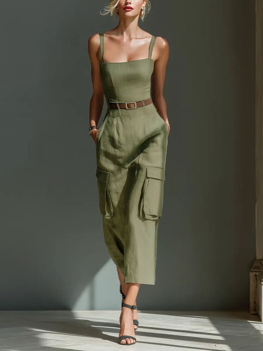 Women's Belted Linen Cargo Midi Dress with Functional Pockets - Olive Green