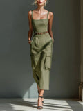 Women's Belted Linen Cargo Midi Dress with Functional Pockets - Olive Green