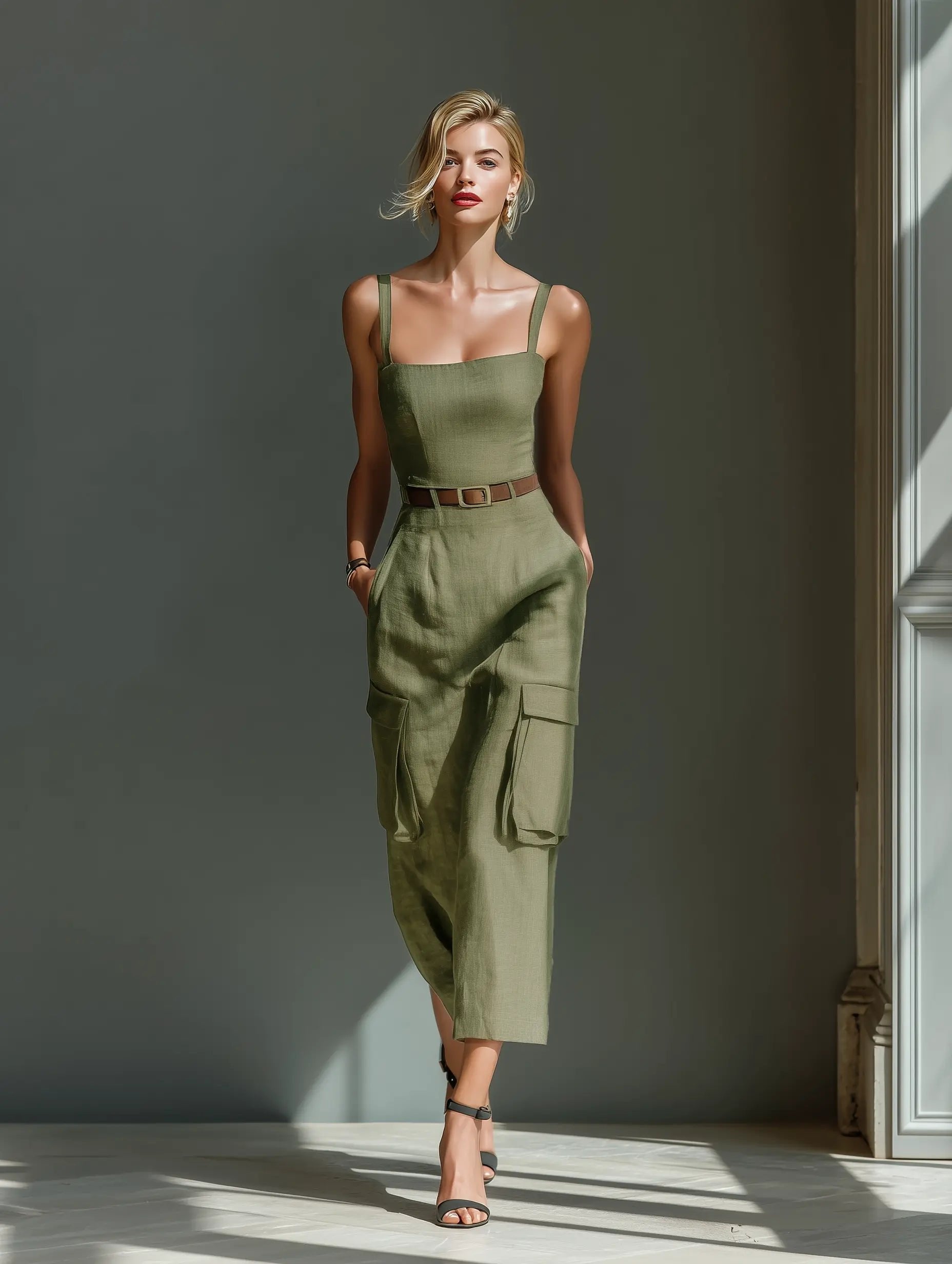 Women's Belted Linen Cargo Midi Dress with Functional Pockets