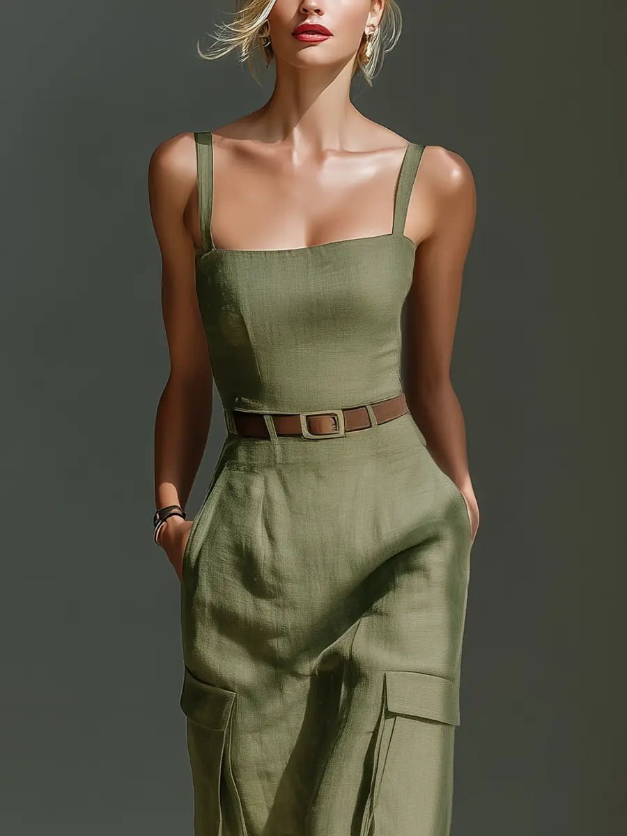 Women's Belted Linen Cargo Midi Dress with Functional Pockets