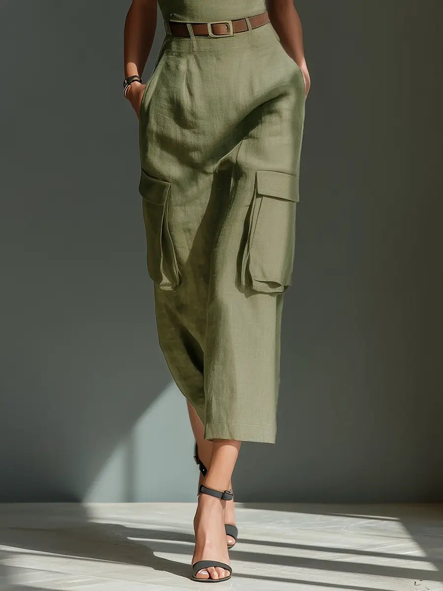 Women's Belted Linen Cargo Midi Dress with Functional Pockets