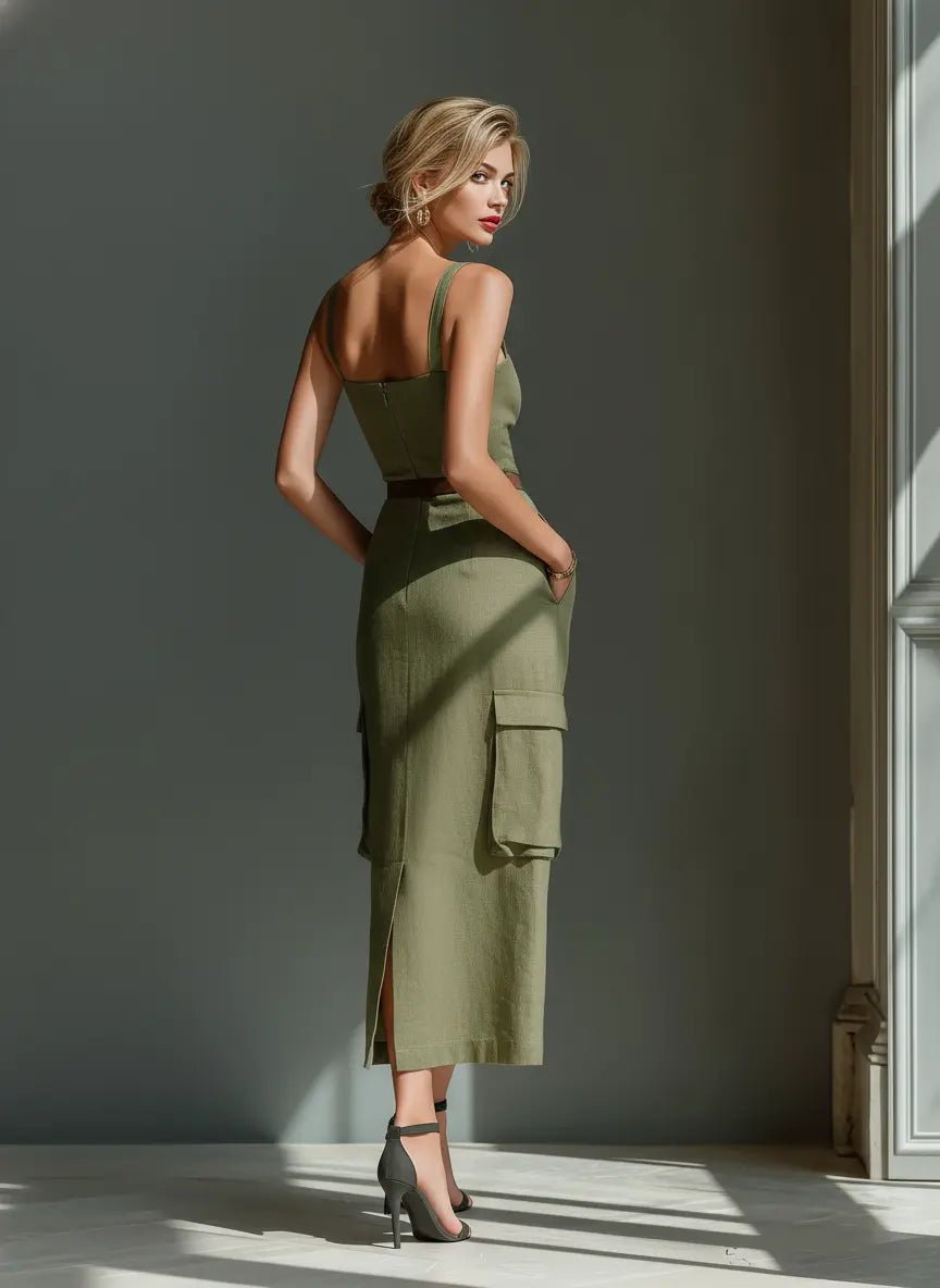 Women's Belted Linen Cargo Midi Dress with Functional Pockets