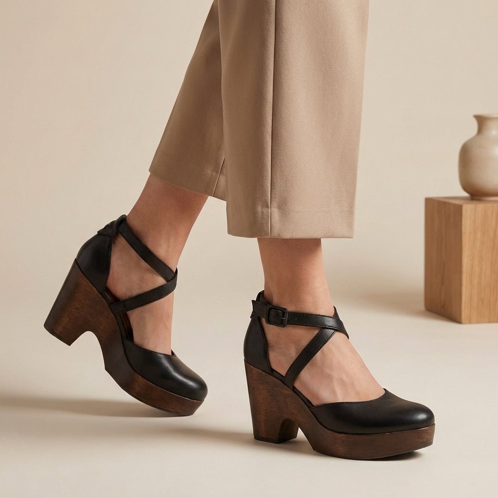 Women's Block Heel Ankle Strap Closed Toe Platform Shoes - Black