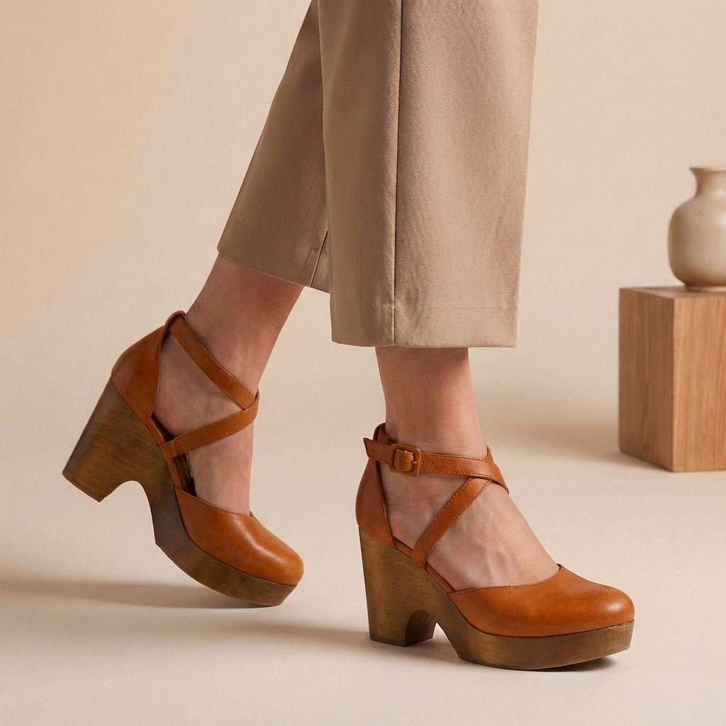 Women's Block Heel Ankle Strap Closed Toe Platform Shoes - Brown