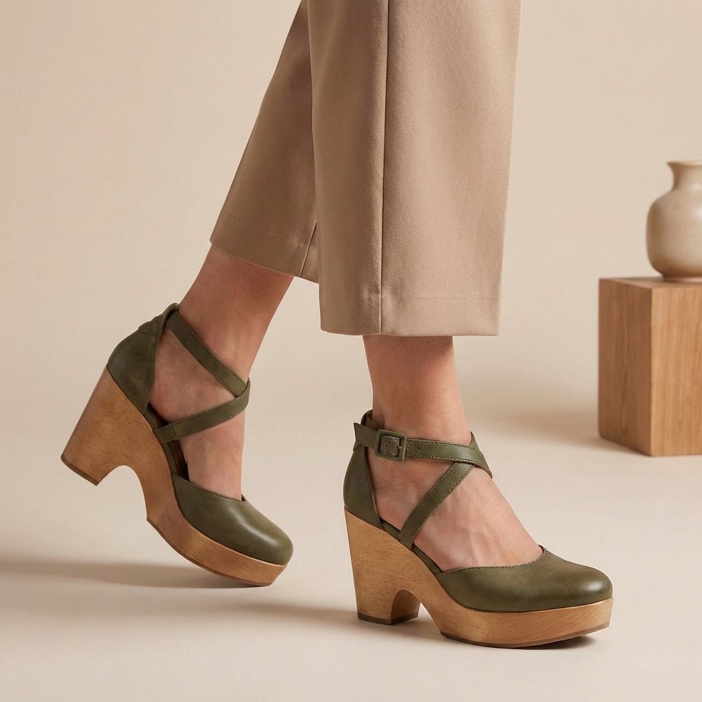Women's Block Heel Ankle Strap Closed Toe Platform Shoes - Green