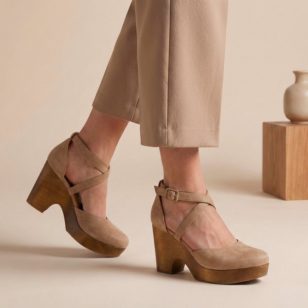 Women's Block Heel Ankle Strap Closed Toe Platform Shoes - Khaki