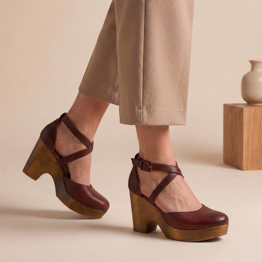 Women's Block Heel Ankle Strap Closed Toe Platform Shoes - Red