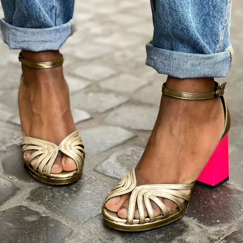 Women's Block Heel Sandals Ankle Strap Multi-Strap - Gold