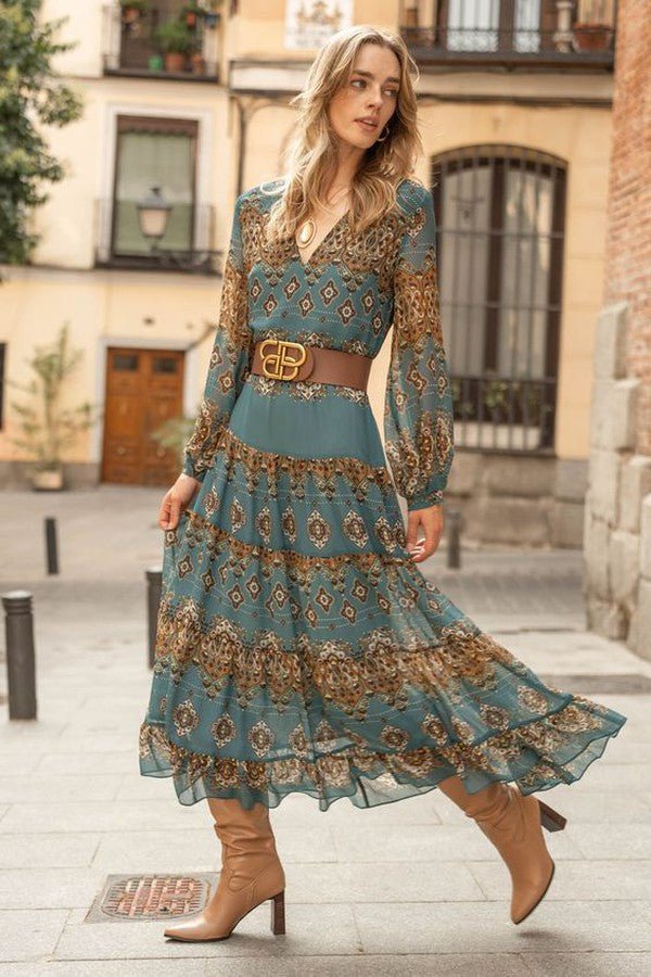 Women's Bohemian Chiffon V-Neck Puff-Sleeve Medallion Tiered Midi Dress