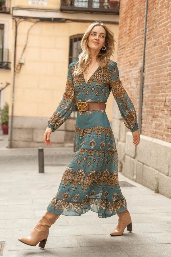 Women's Bohemian Chiffon V-Neck Puff-Sleeve Medallion Tiered Midi Dress