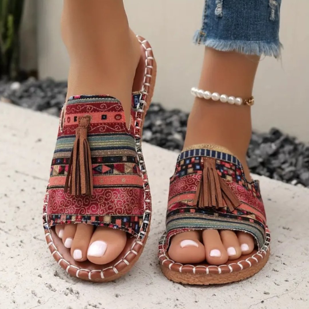 Women's Bohemian Slide Sandals Open Toe Tassel - Red