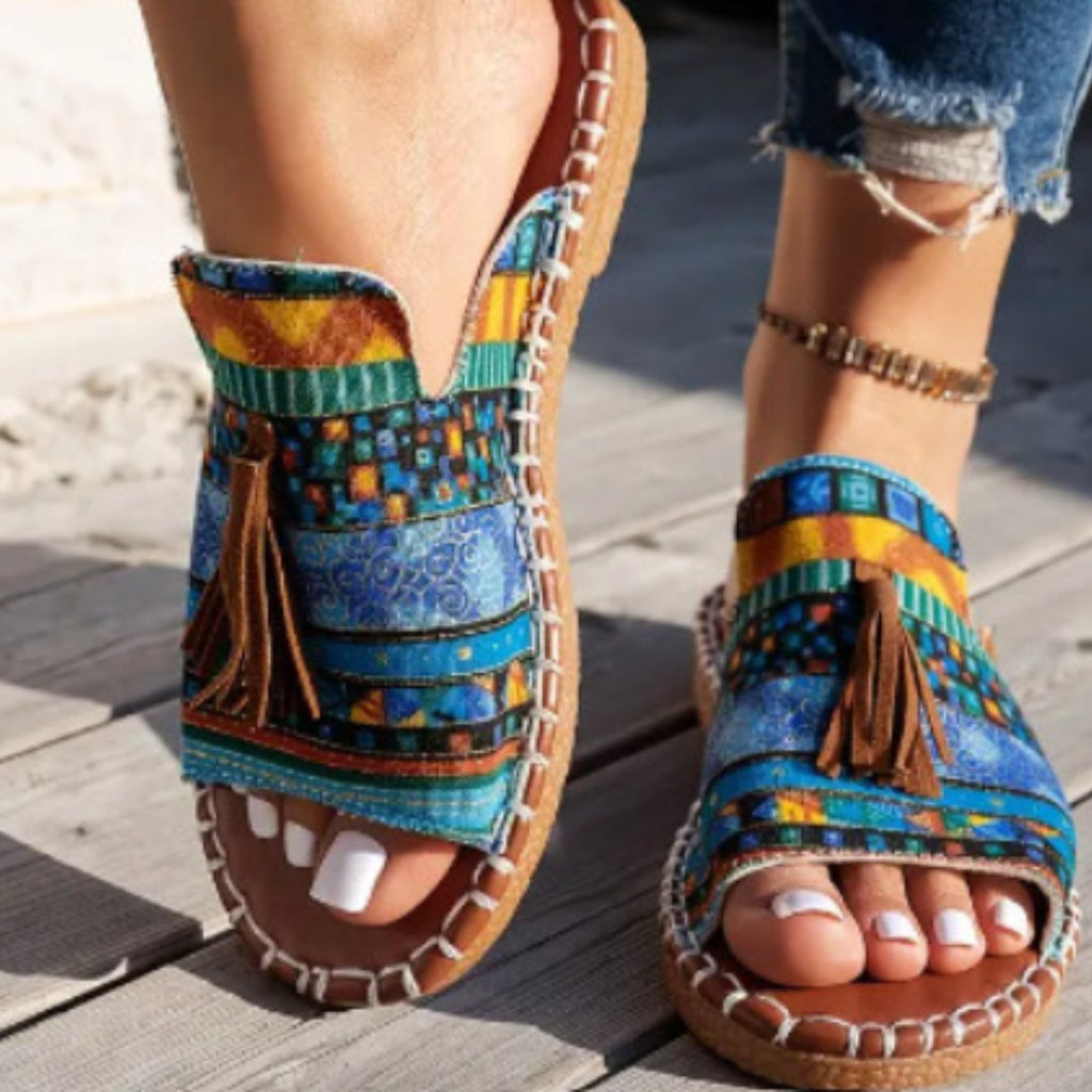 Women's Bohemian Slide Sandals Open Toe Tassel - Blue