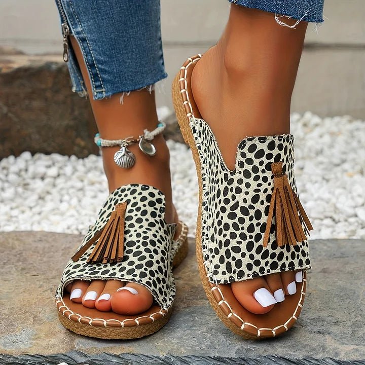 Women's Bohemian Slide Sandals Open Toe Tassel - Black & White