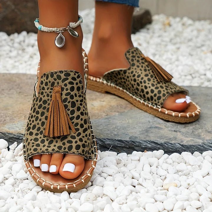 Women's Bohemian Slide Sandals Open Toe Tassel - Green & Black