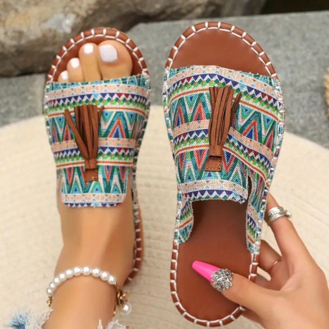 Women's Bohemian Slide Sandals Open Toe Tassel - Green & Blue