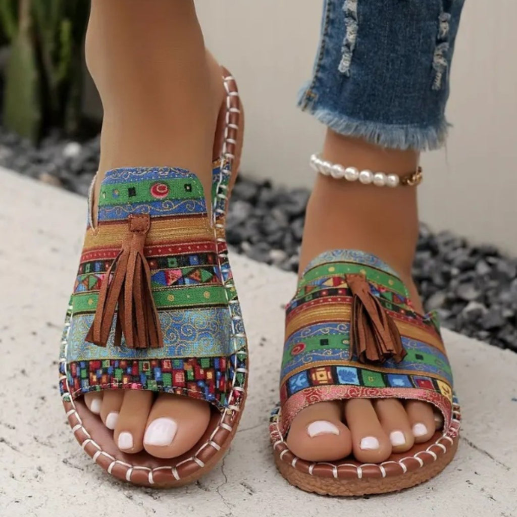 Women's Bohemian Slide Sandals Open Toe Tassel - Green & Red