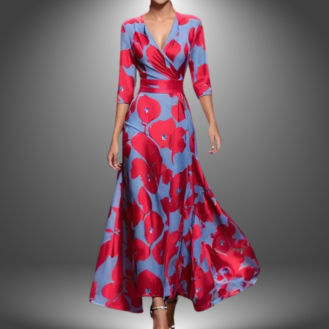Women's Bohemian V-Neck Three-Quarter Sleeve Maxi Dress - Red