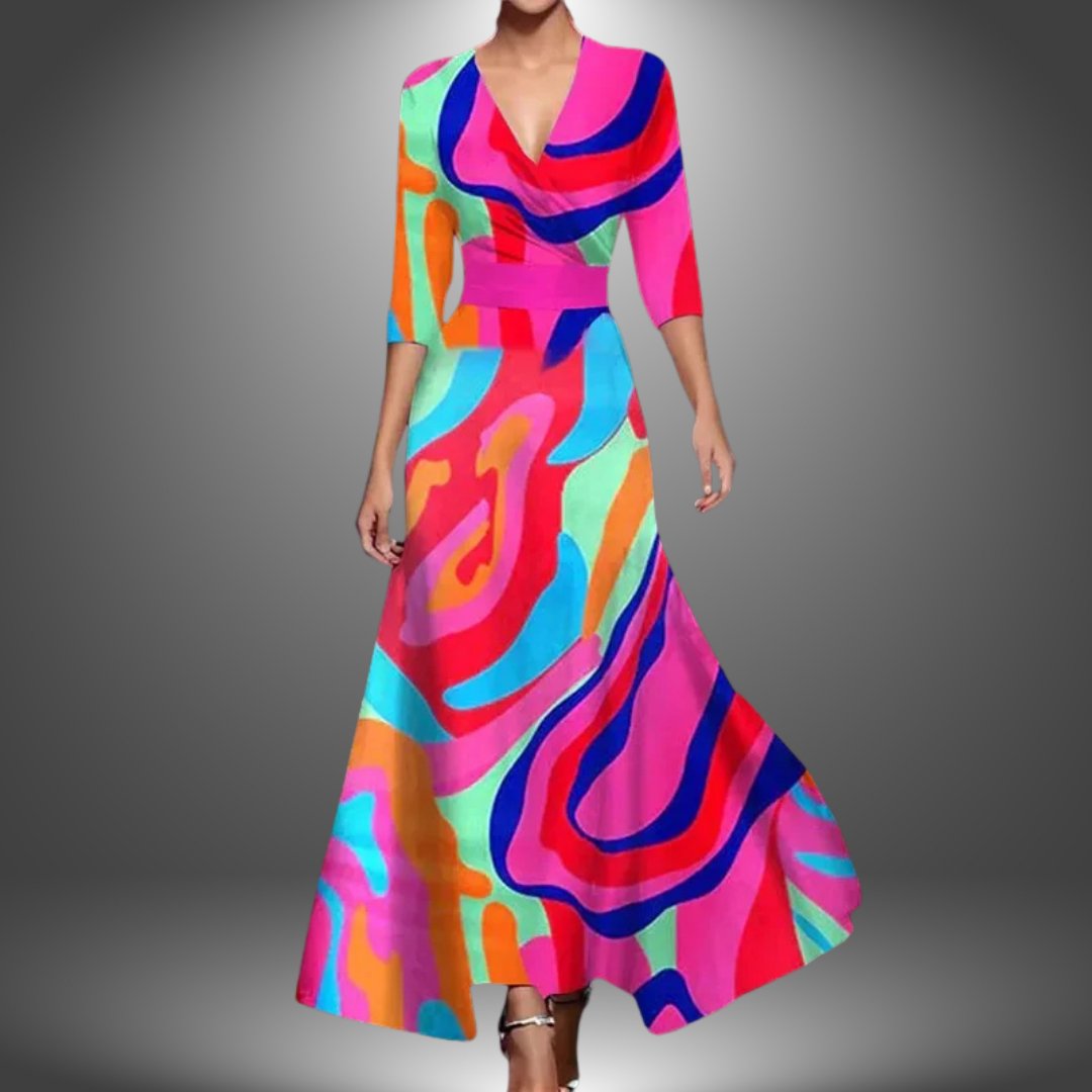Women's Bohemian V-Neck Three-Quarter Sleeve Maxi Dress - Pink
