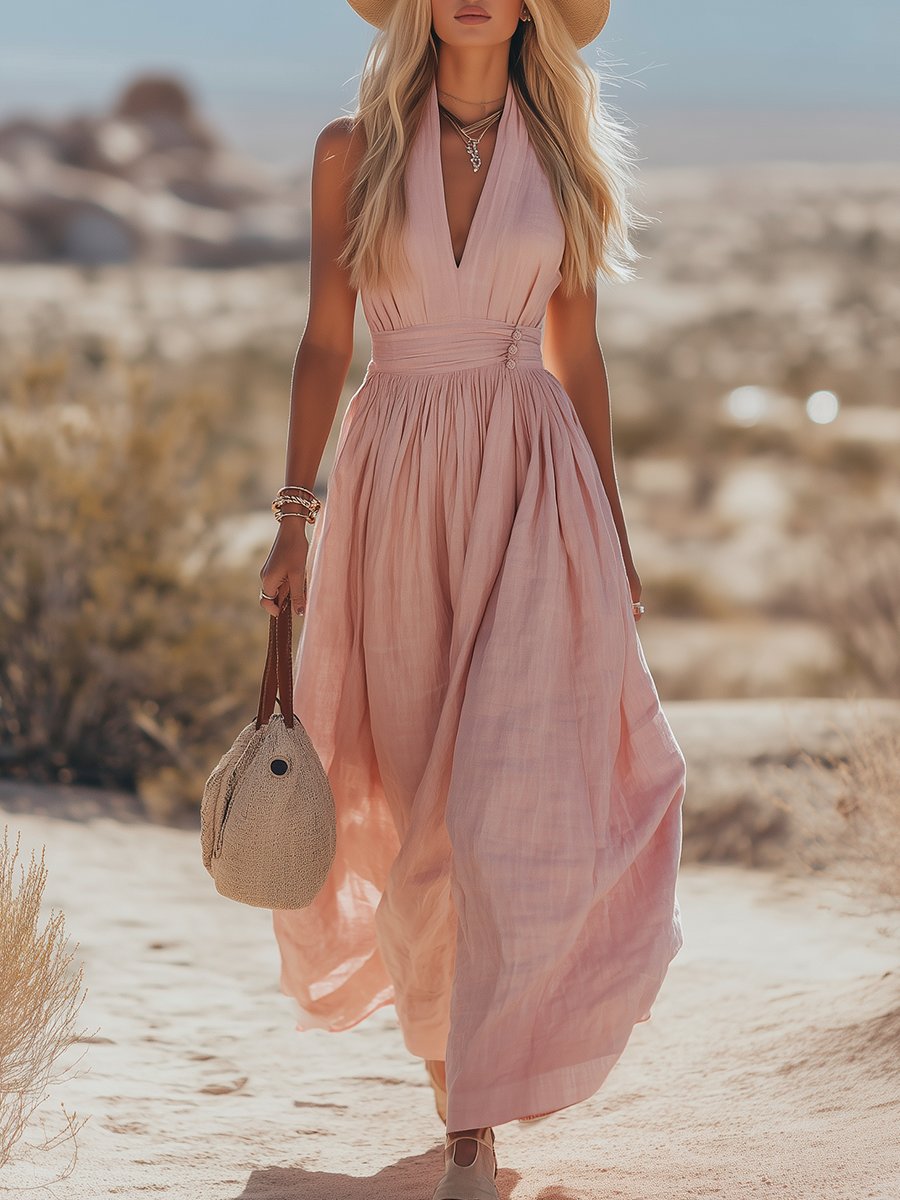 Women's Boho Cotton-Linen Halter Maxi Dress - Pink