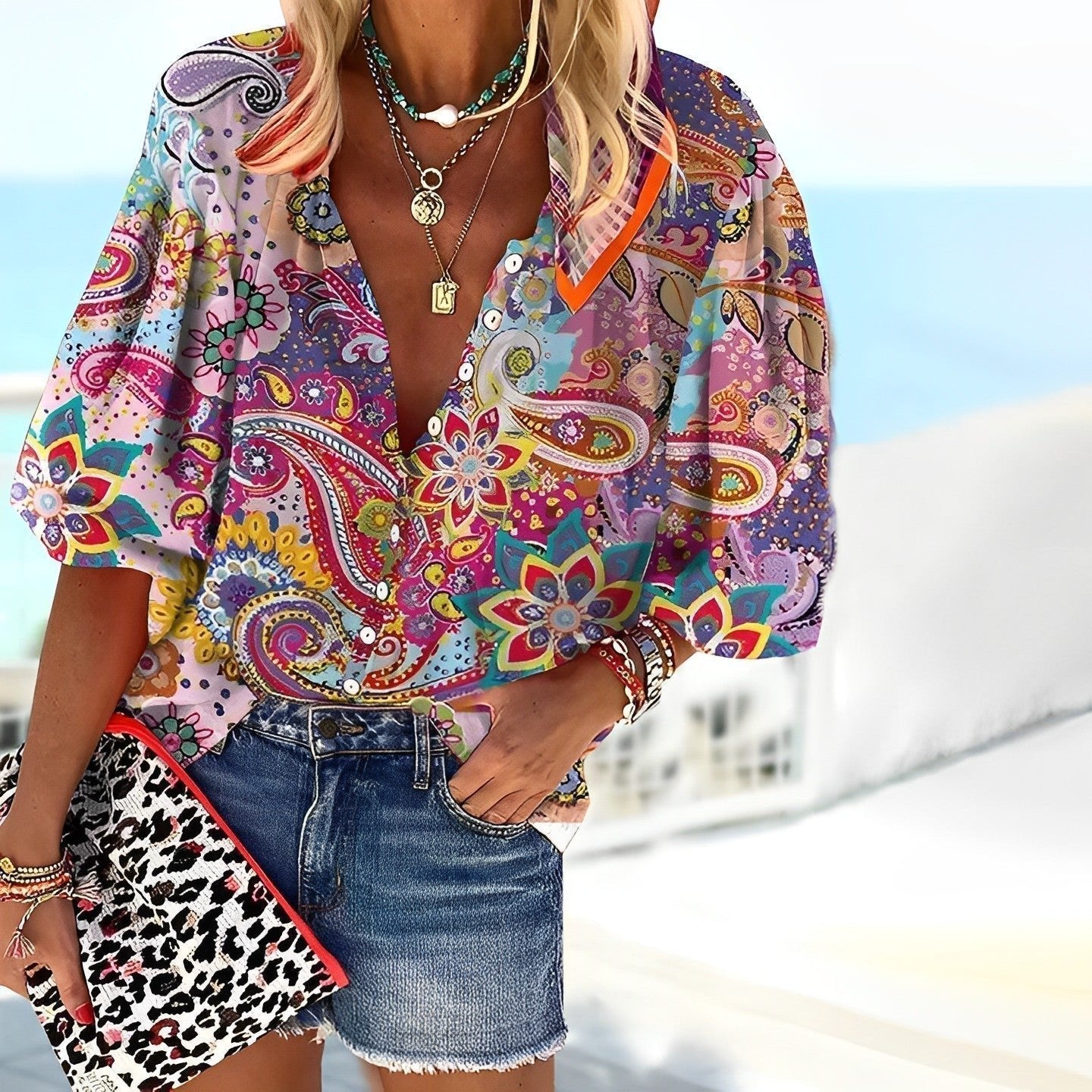 Women's Boho Paisley Deep V-Neck Button-Up Blouse - Multicolor