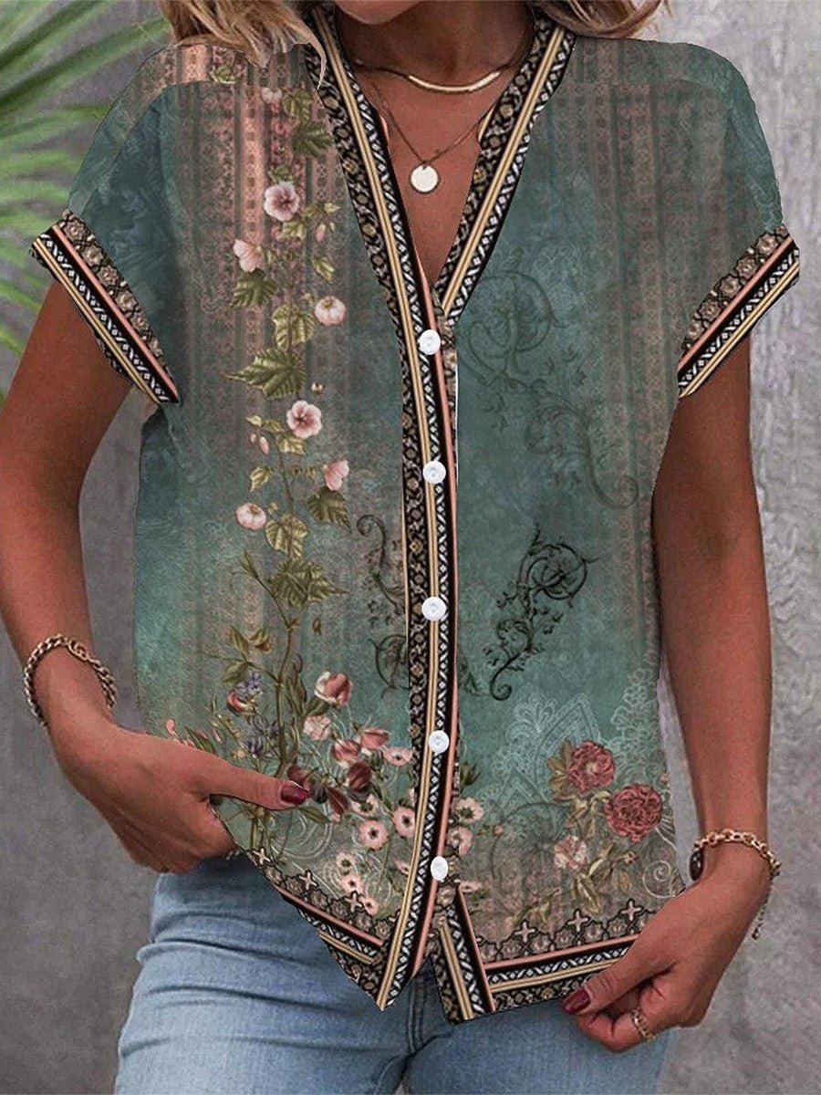 Women's Boho V-Neck Blouse Floral Short Sleeve Button-Down