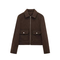Women's Bomber Jacket Short Zip Front Ribbed Cuffs - Brown
