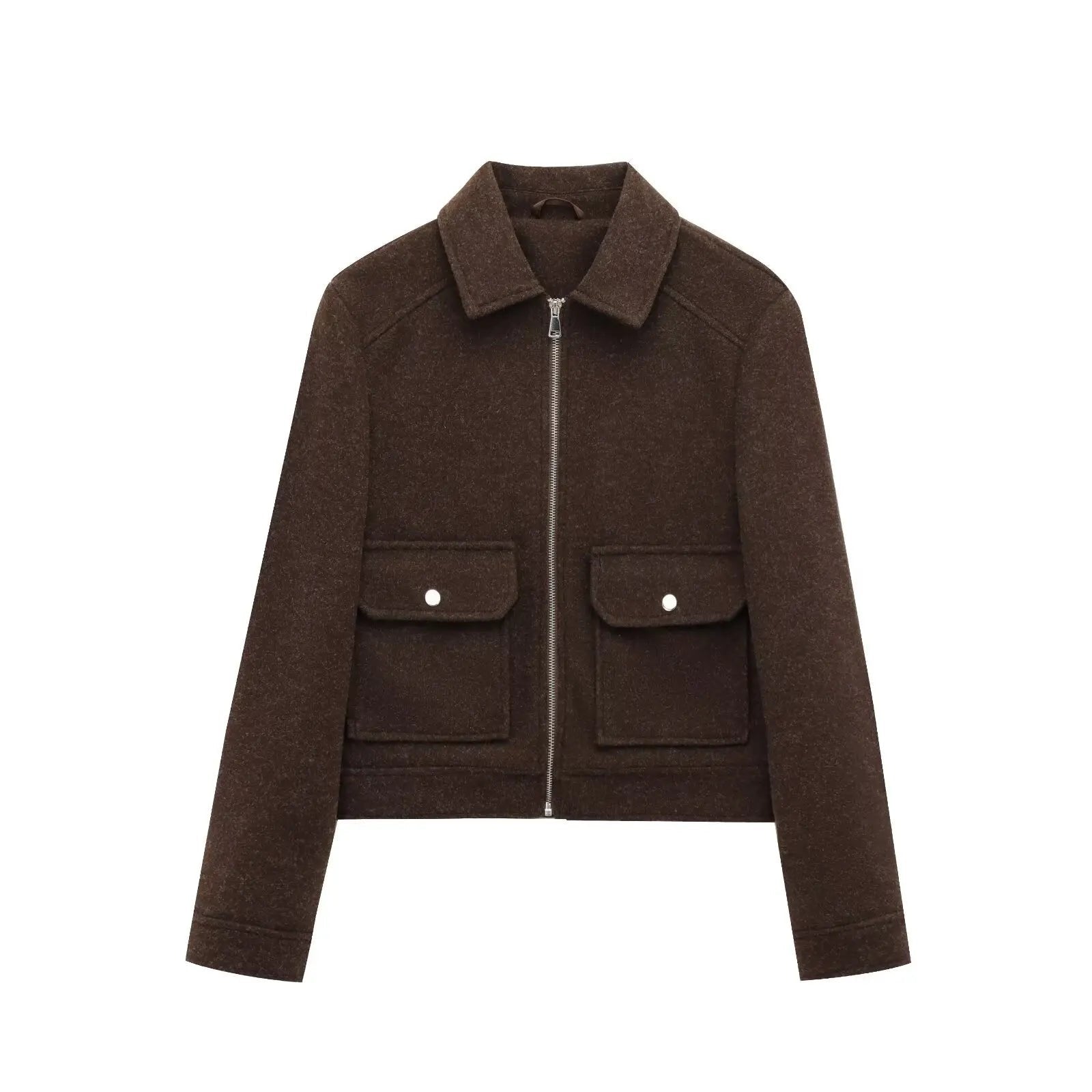 Women's Bomber Jacket Short Zip Front Ribbed Cuffs - Brown