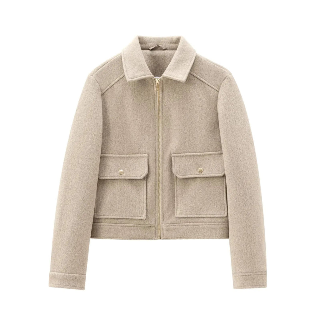 Women's Bomber Jacket Short Zip Front Ribbed Cuffs - Khaki