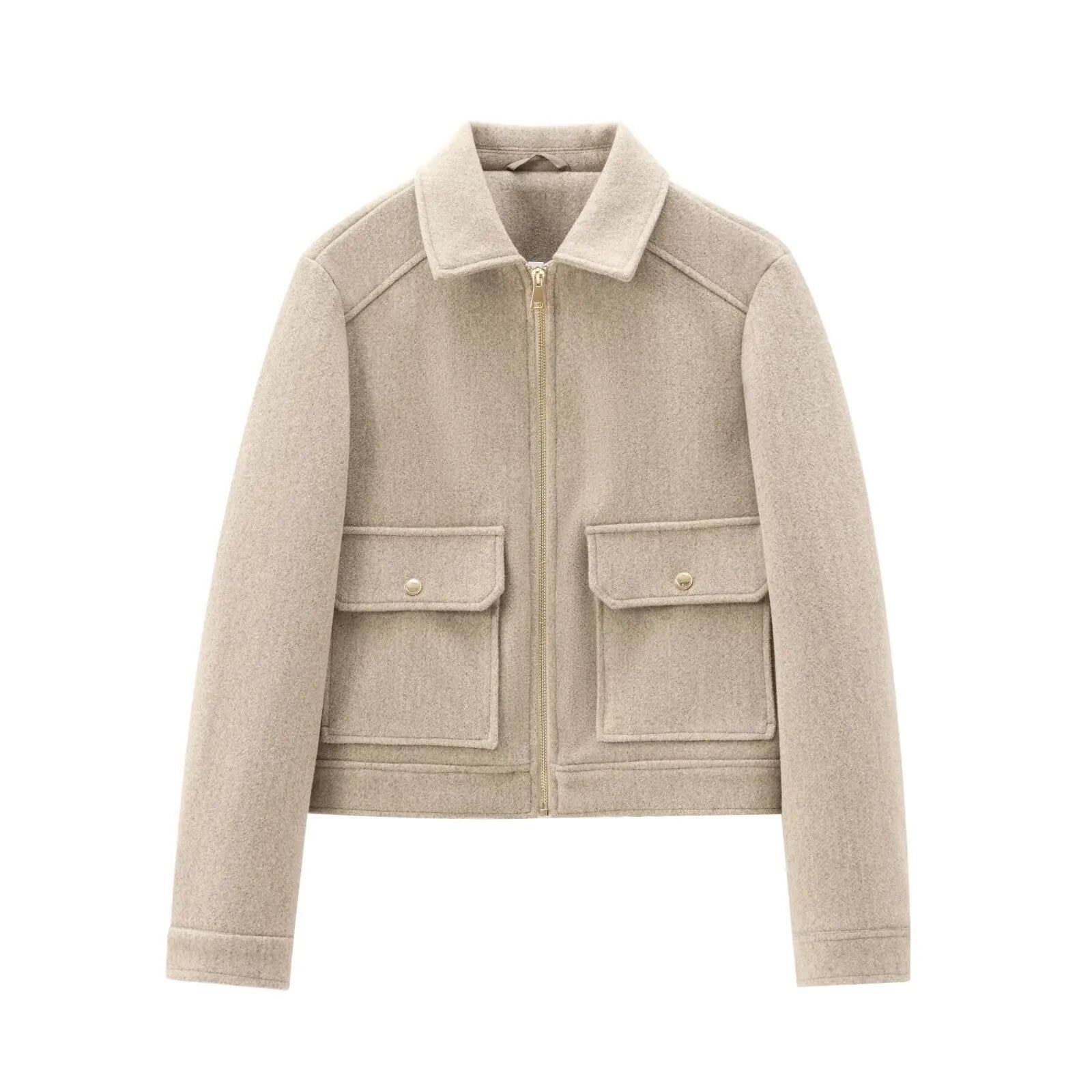 Women's Bomber Jacket Short Zip Front Ribbed Cuffs - Khaki