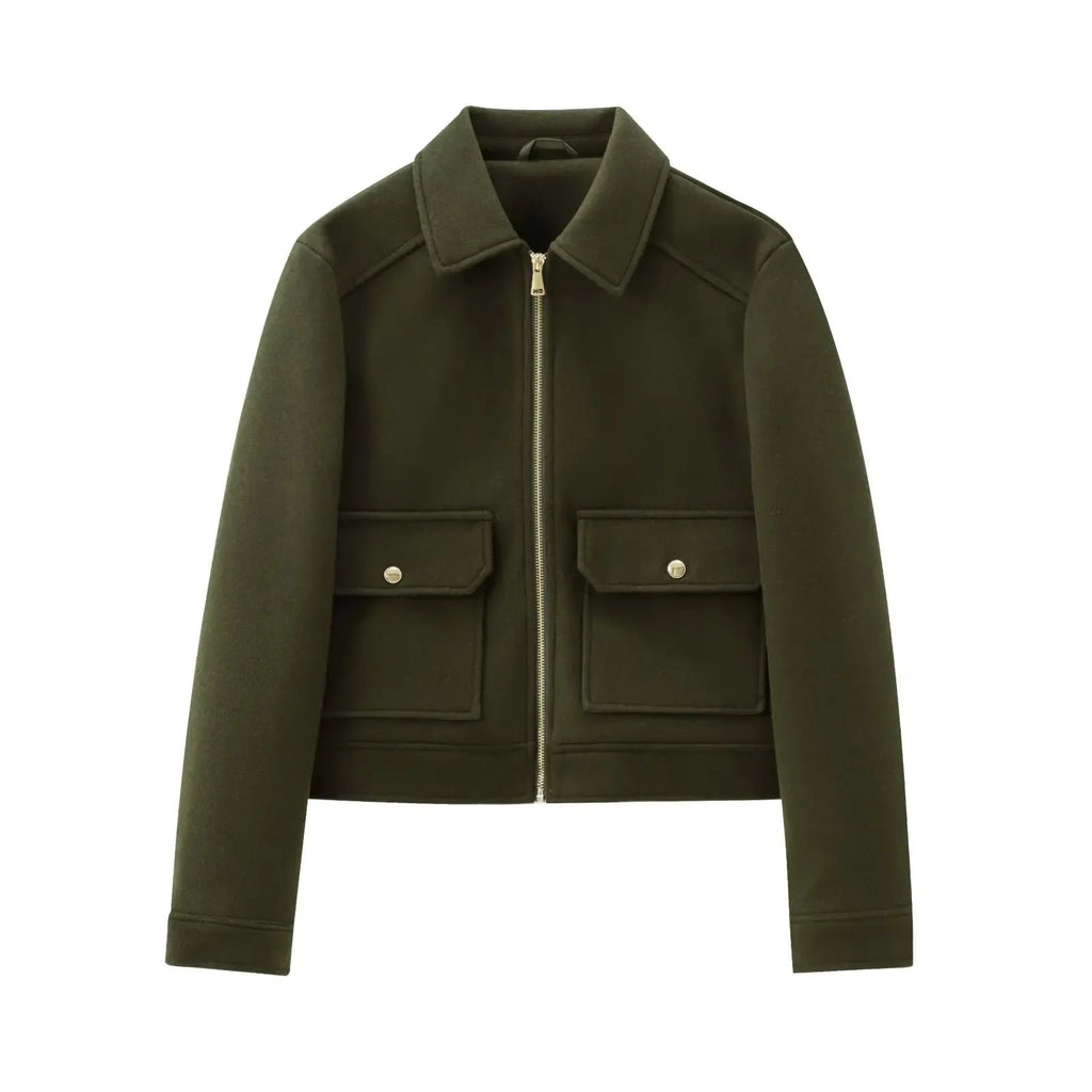 Women's Bomber Jacket Short Zip Front Ribbed Cuffs - Green