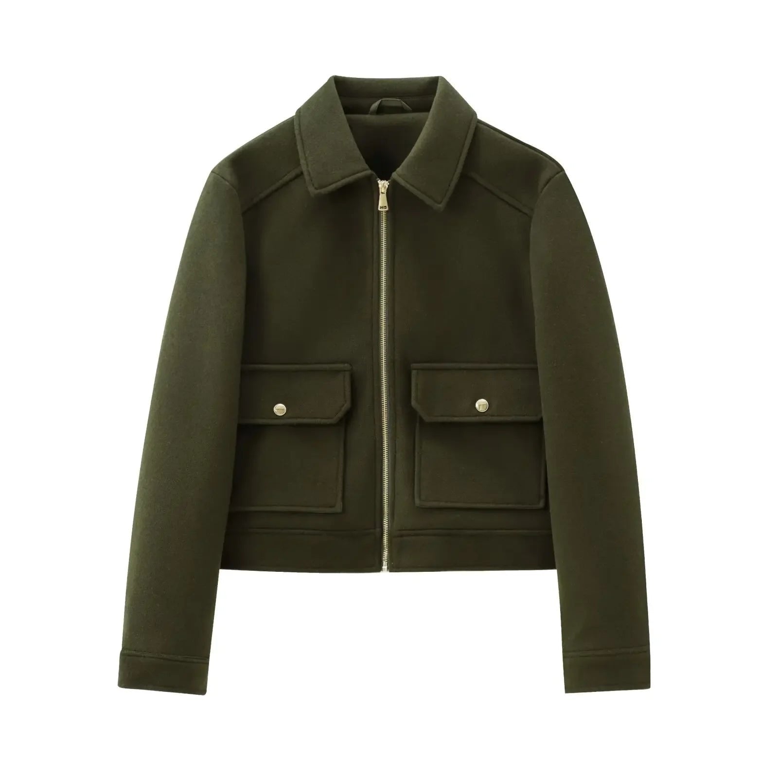 Women's Bomber Jacket Short Zip Front Ribbed Cuffs - Green