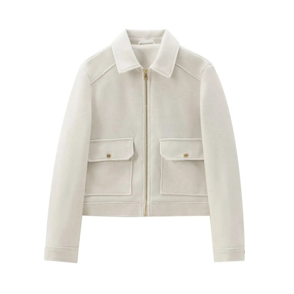 Women's Bomber Jacket Short Zip Front Ribbed Cuffs - White