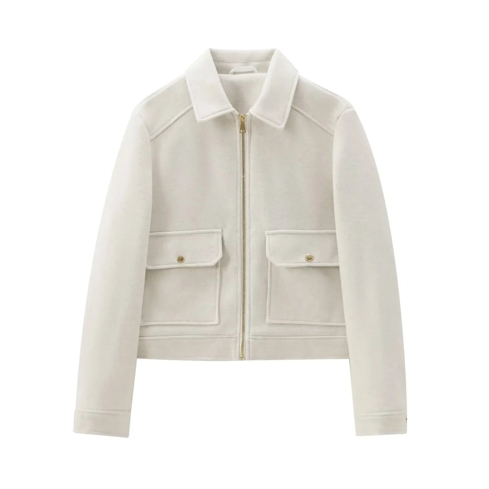 Women's Bomber Jacket Short Zip Front Ribbed Cuffs - White