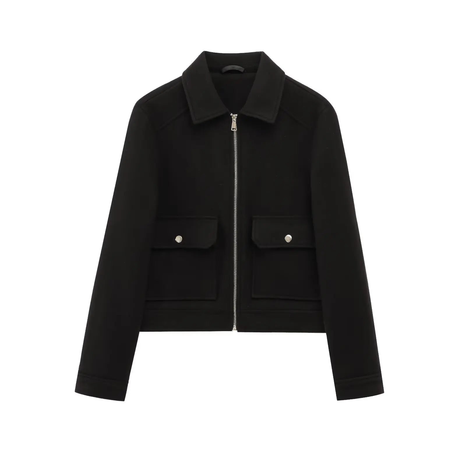 Women's Bomber Jacket Short Zip Front Ribbed Cuffs - Black