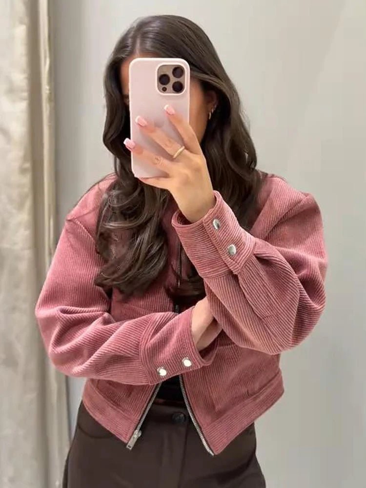 Women's Bomber Jacket Zip Front Cropped Ribbed Flap Pockets - Pink