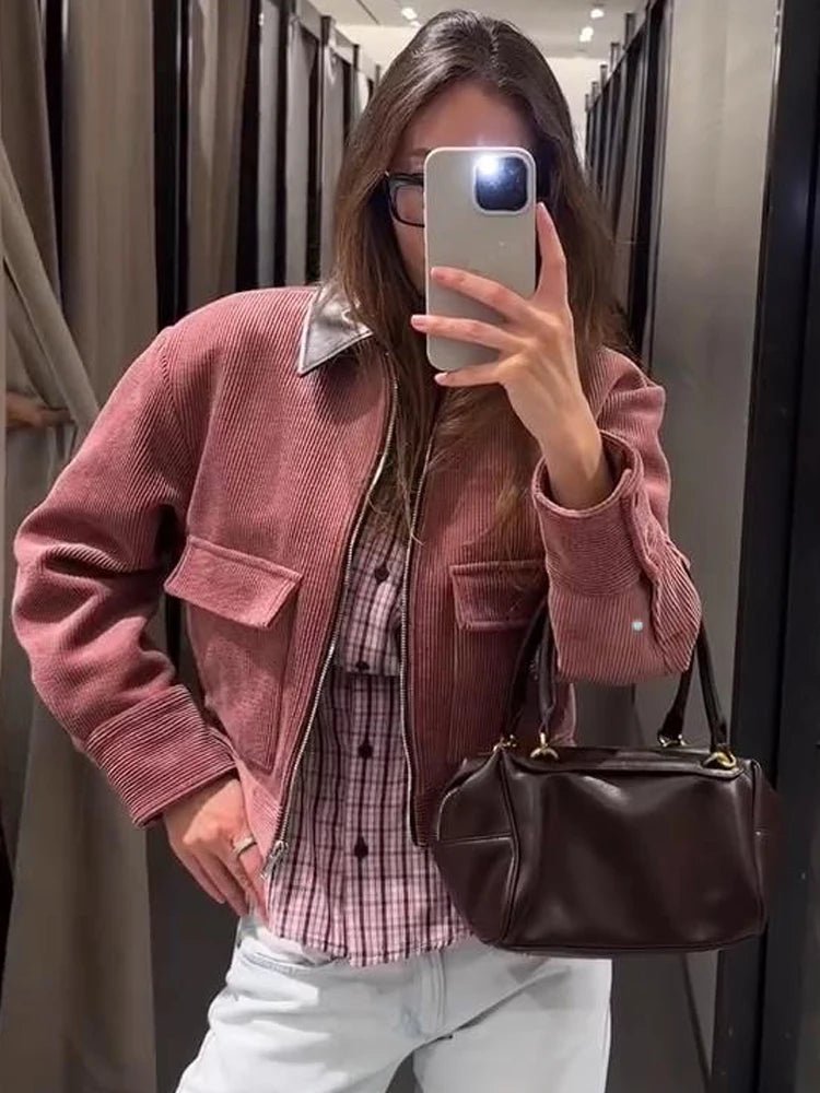 Women's Bomber Jacket Zip Front Cropped Ribbed Flap Pockets