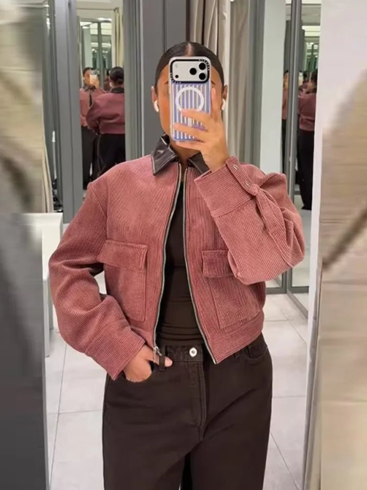 Women's Bomber Jacket Zip Front Cropped Ribbed Flap Pockets