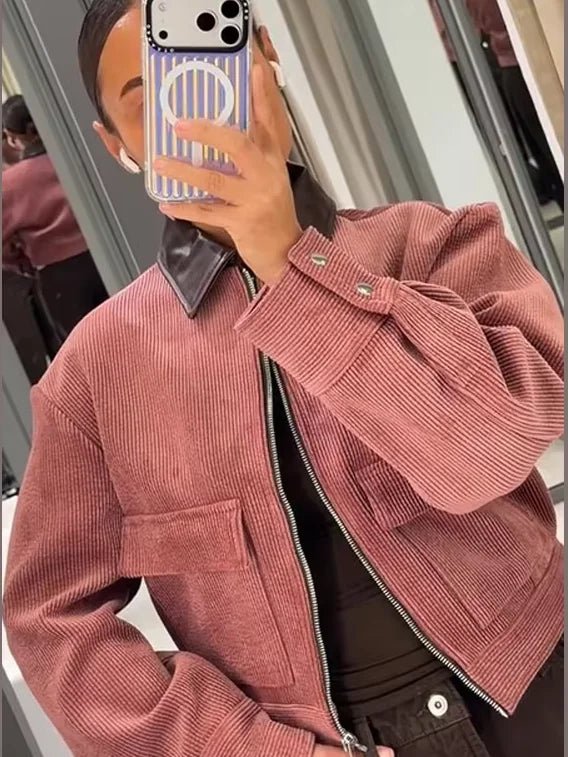 Women's Bomber Jacket Zip Front Cropped Ribbed Flap Pockets