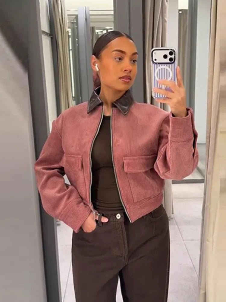 Women's Bomber Jacket Zip Front Cropped Ribbed Flap Pockets