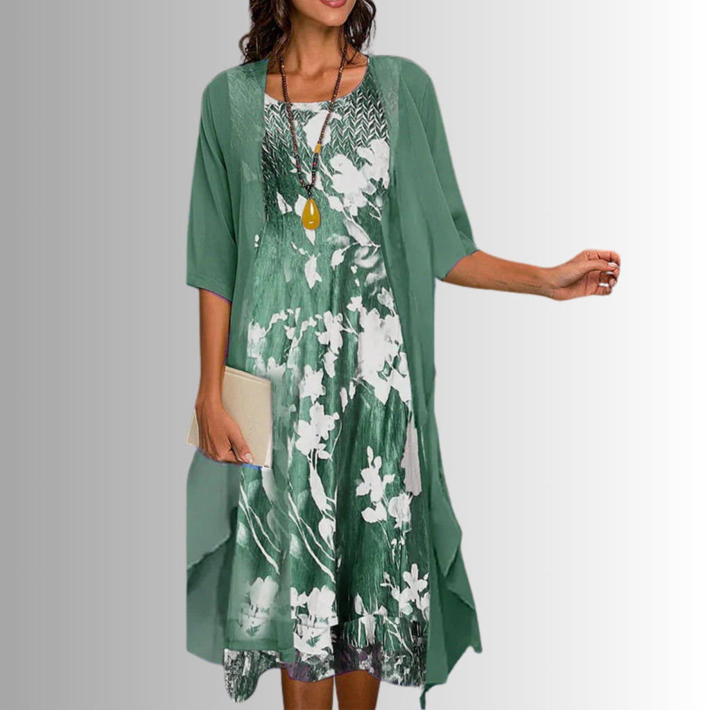 Women's Botanical Print Layered Two-Piece Cardigan Set - Floral Green