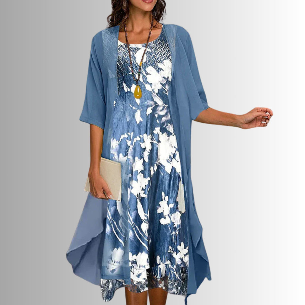 Women's Botanical Print Layered Two-Piece Cardigan Set - Floral Blue