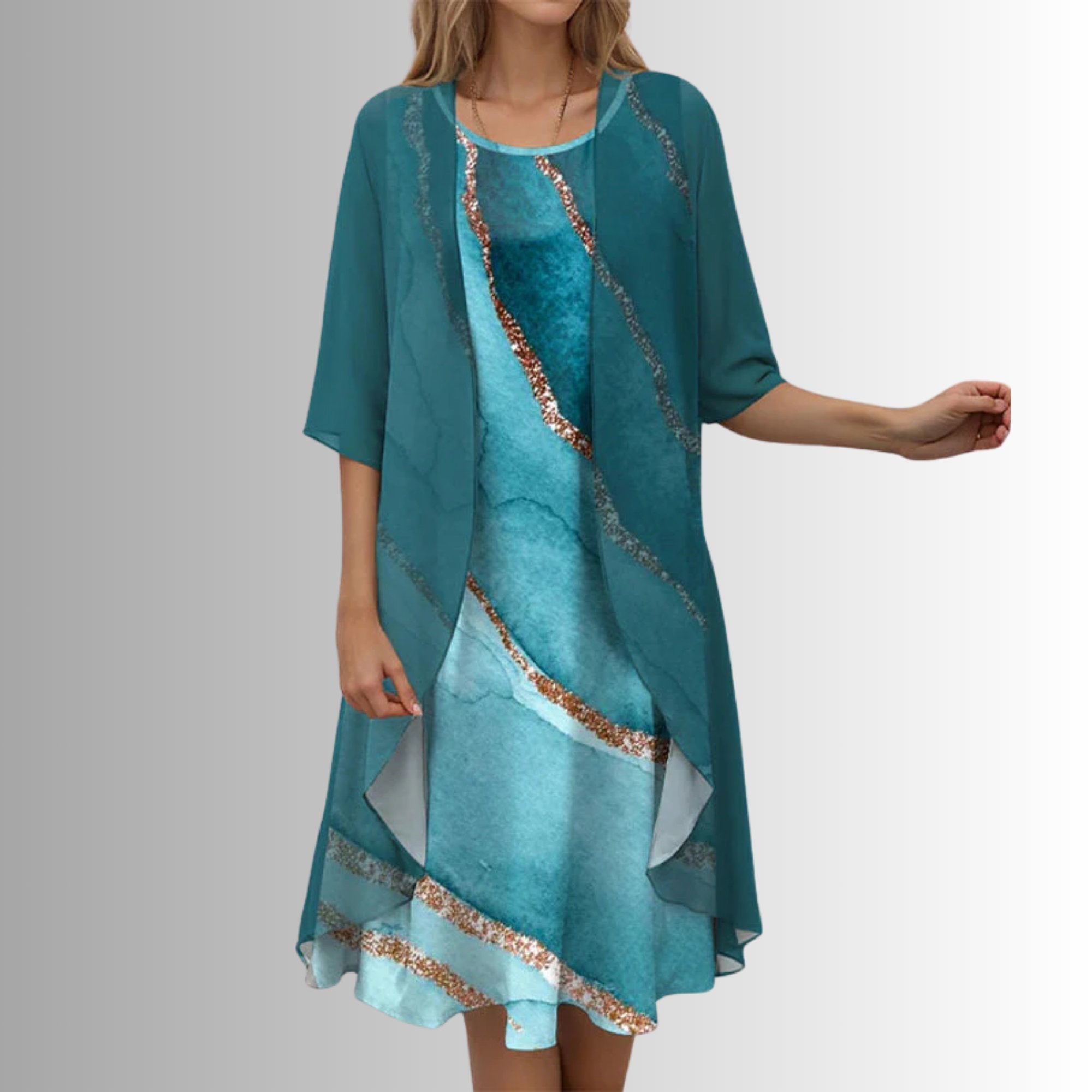 Women's Botanical Print Layered Two-Piece Cardigan Set - Blue Pattern