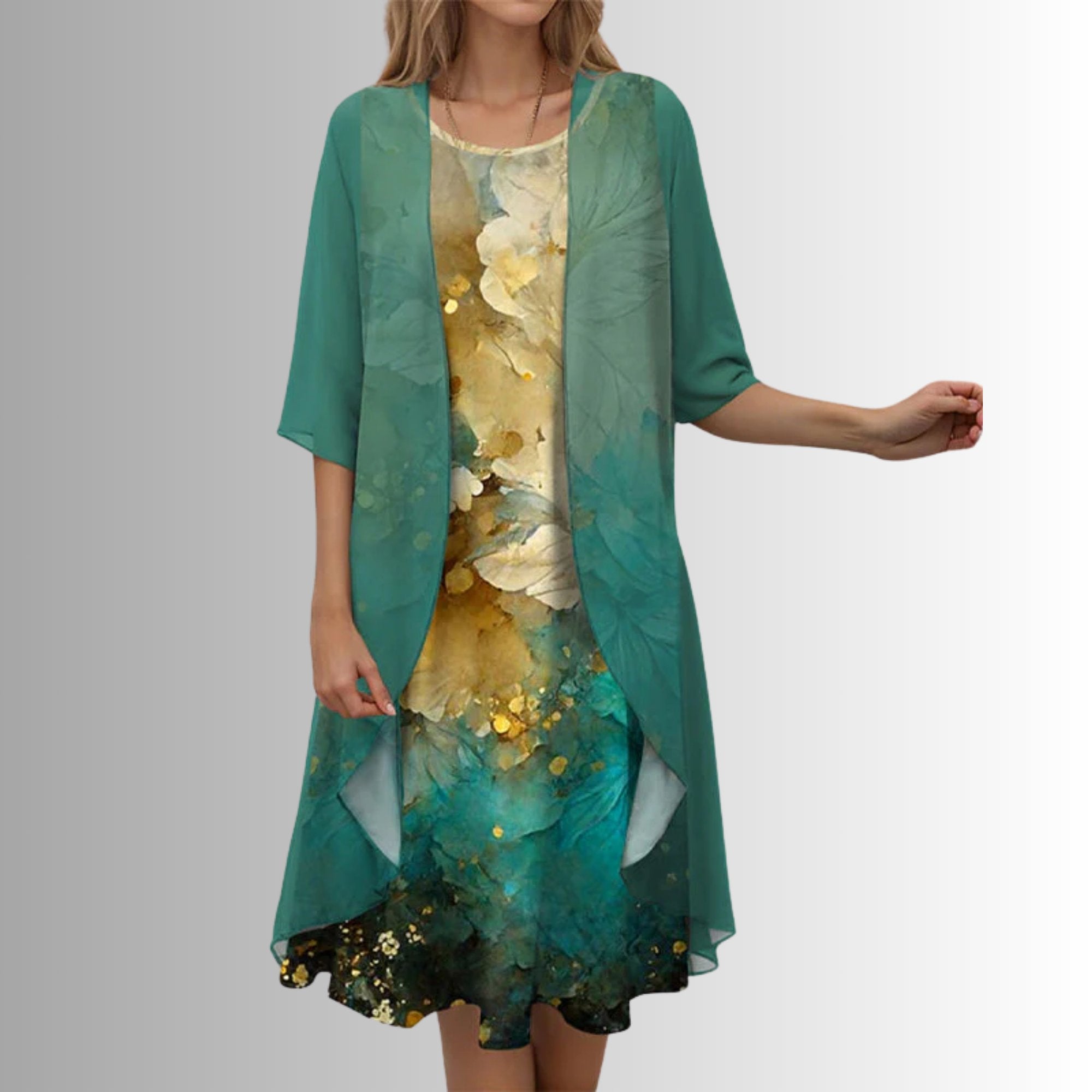 Women's Botanical Print Layered Two-Piece Cardigan Set - Green Pattern