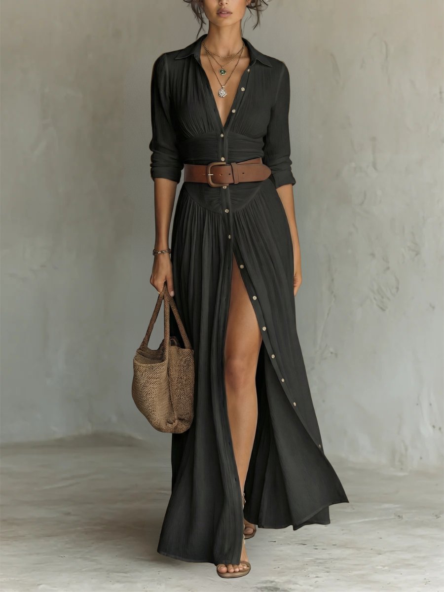 Women's Button-Front Belted Maxi Shirt Dress - Black