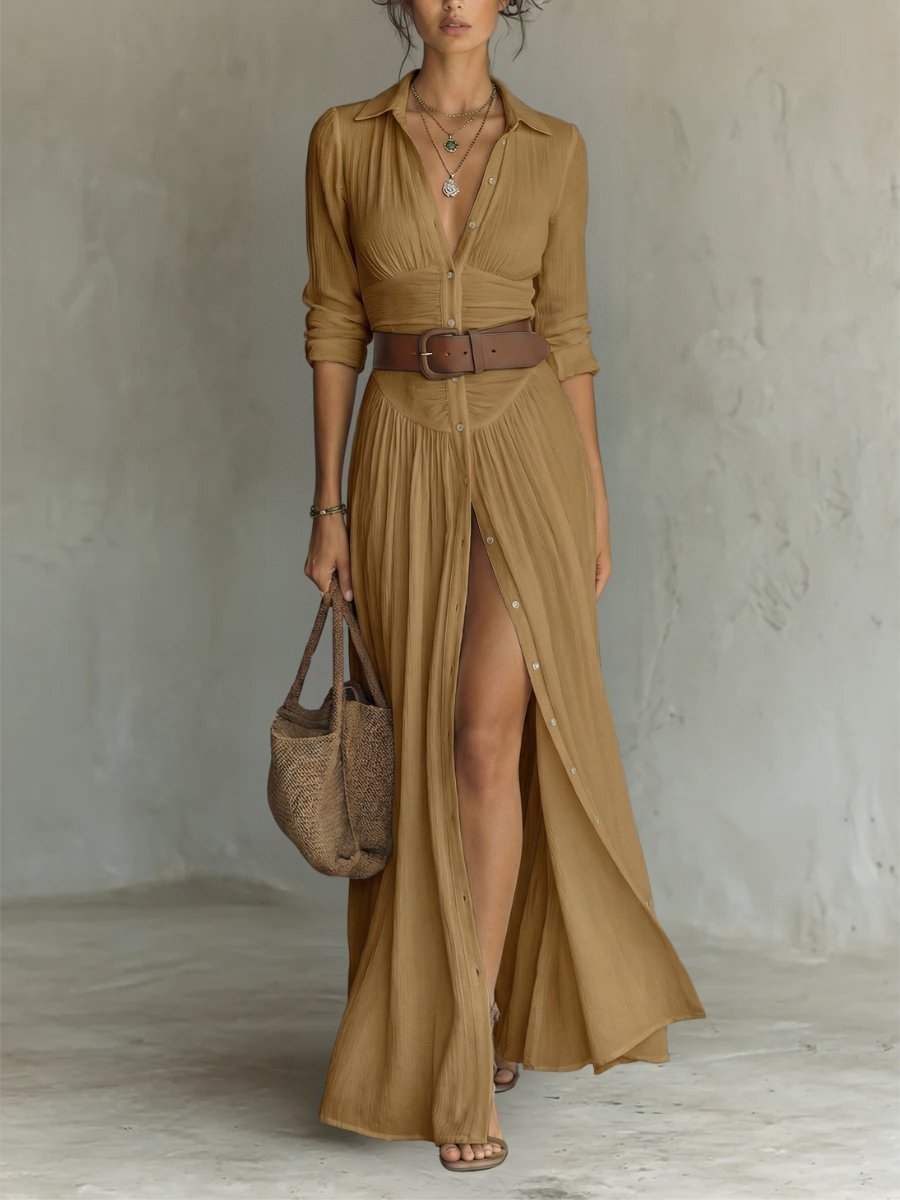 Women's Button-Front Belted Maxi Shirt Dress - Brown